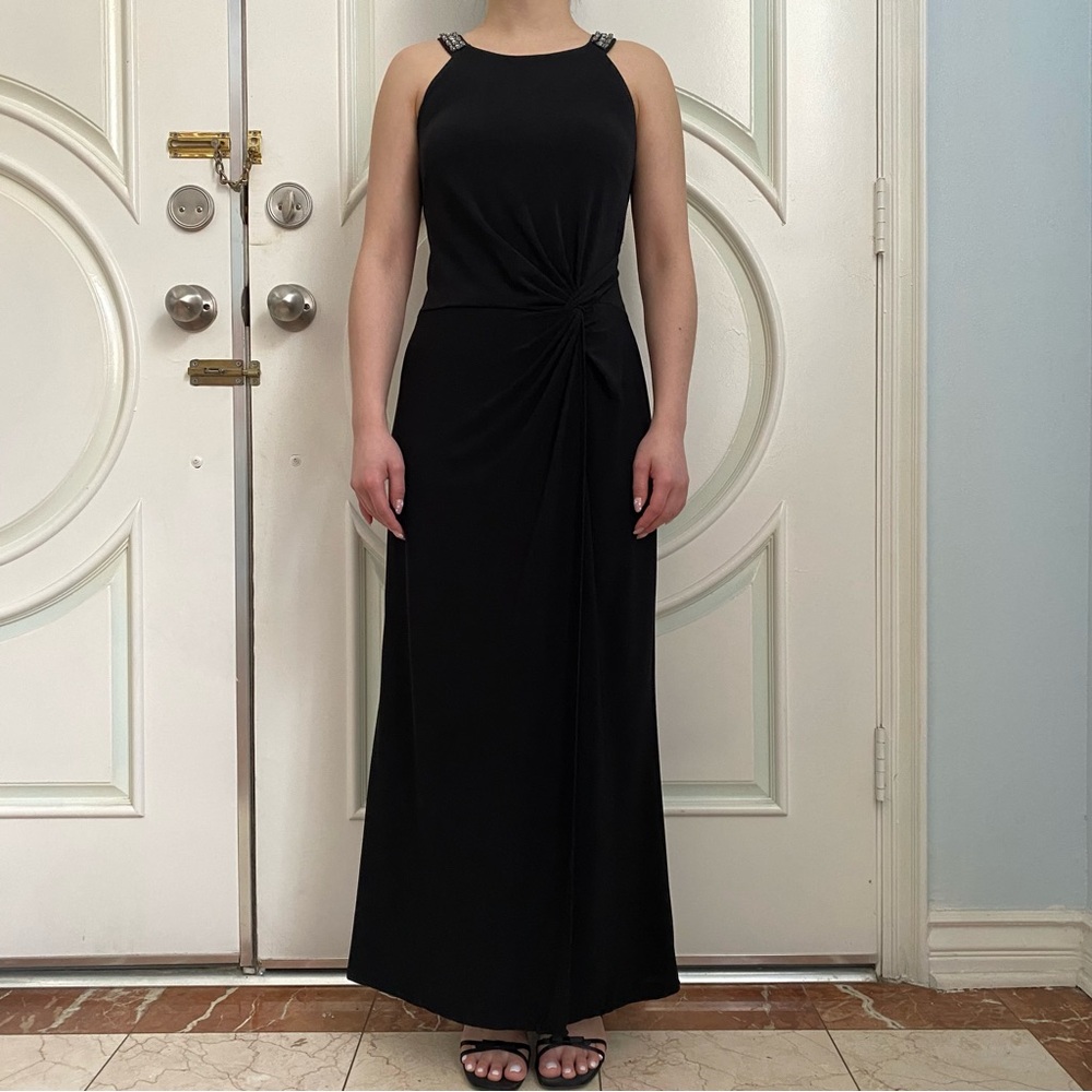 Laundry by Shelli Segal Rhinestone Straps Knot Waist Black Maxi Dress Size SP